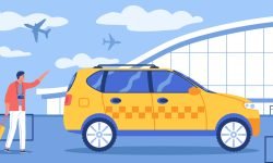 Family on vacation takes a taxi at the airport flat vector illustration