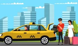 Girlfriend and boyfriend calling taxi to travel. Young man and woman couple putting luggage bags into car trunk, driver sitting at steering wheel wait for passengers.