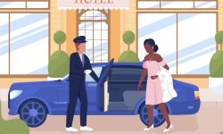 Personal driver hiring service flat color vector illustration. Elegant lady in luxury dress sitting in car. Fully editable 2D simple cartoon characters with hotel exterior design on background